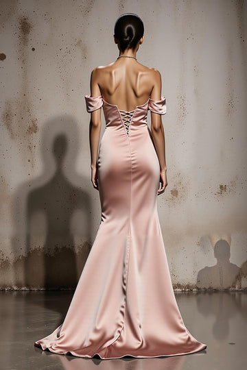 Off The Shoulder Mermaid Light Pink Satin Evening Dress